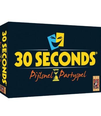 Doos van het 30 Seconds partyspel met kleurrijk logo en slogan van 999 Games 999 Games 30 Seconds