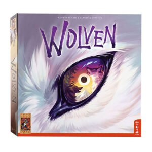 Bordspel Wolven doos met illustratie van een wolvenoog en kleurrijk artwork 999 Games Wolven - Bordpel