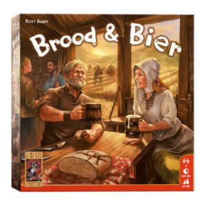 Voorkant van Brood & Bier bordspel met middeleeuws tafereel van etende boeren 999 Games Brood & Bier Bordspel