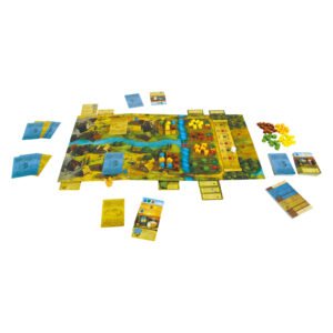 Volledig uitgelegd Brood & Bier bordspel met kaarten, blokjes en spelbord op tafel van 999 games