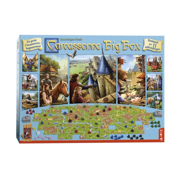 Carcassonne Big Box bordspel verpakking met 11 uitbreidingen en kleurrijke illustraties 999 Games Carcassonne Big Box 3