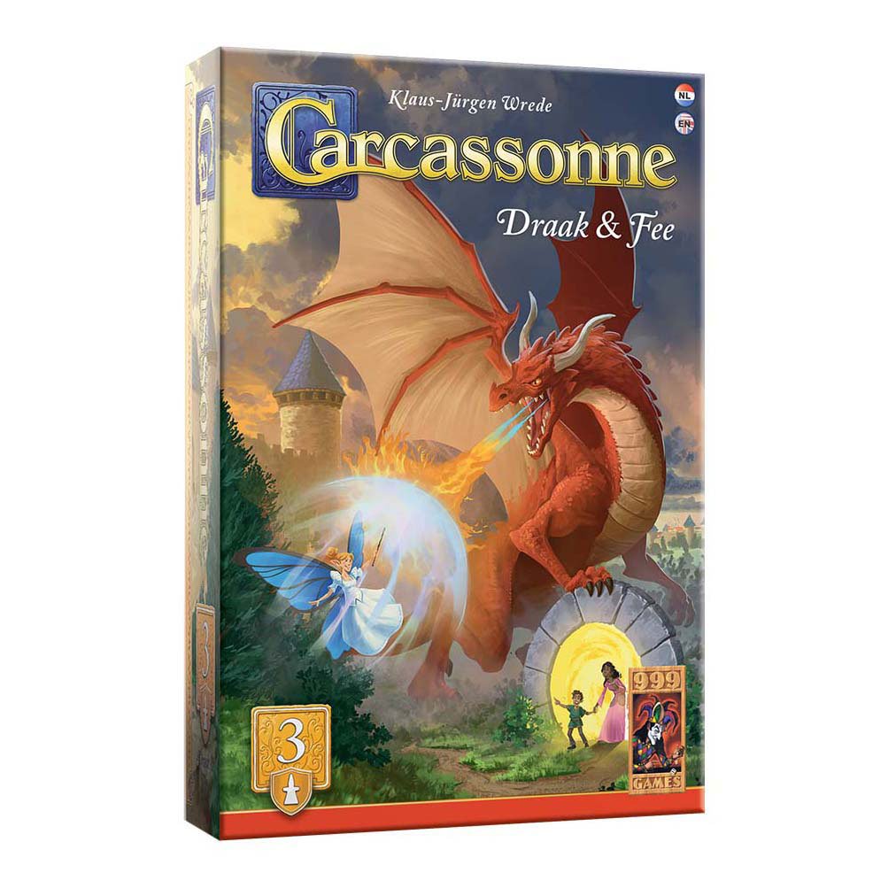Carcassonne Draak en Fee uitbreiding met opvallende rode draak op de doos 999 Games Carcassonne Draak & Fee Uitbreiding