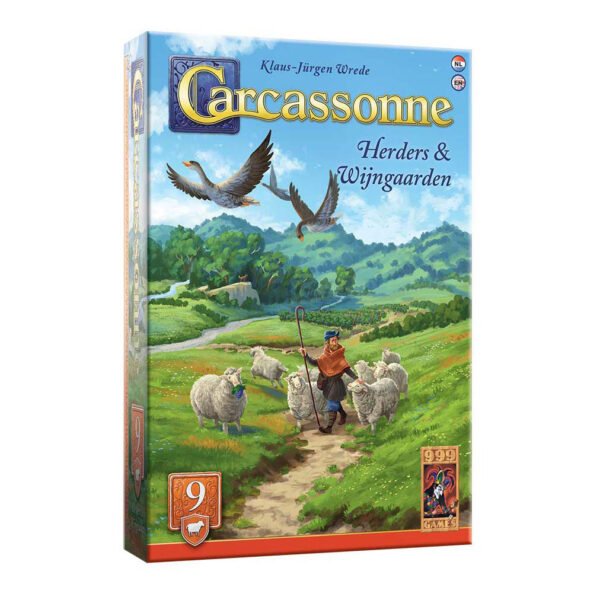 Carcassonne Herders en Wijngaarden bordspel doos met illustratie van herder en schapen in een groen landschap 999 Games Carcassonne Herders & Wijngaarden Uitbreiding