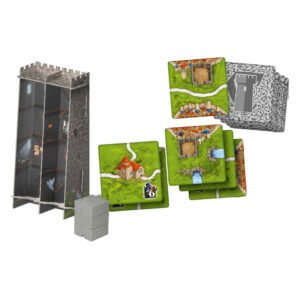 Carcassonne Torens & Dieven spelonderdelen met torens en landschapstegels van 999 games