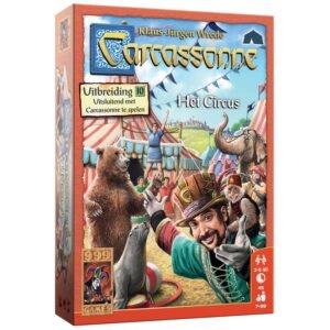 Carcassonne uitbreiding Het Circus - kleurrijke speldoos met circusdieren en artiesten 999 Games Carcassonne - Het Circus Bordspel