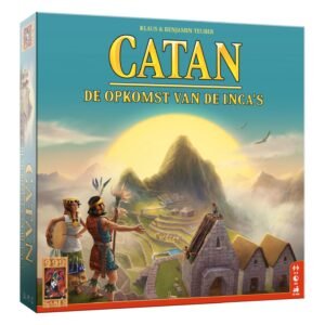 Voorkant van het bordspel Catan: De Opkomst van de Inca's met kleurrijke Inca-illustraties en bergen op de achtergrond. 999 Games Catan - De Opkomst van de Inca's Bordspel