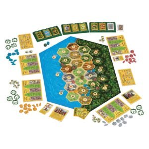 Overzicht van de spelonderdelen van Catan: De Opkomst van de Inca's met speelbord, kaarten en pionnen van 999 games