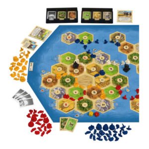 Catan Zeevaarders bordopstelling met speelfiguren, kaarten en tegels van 999 games
