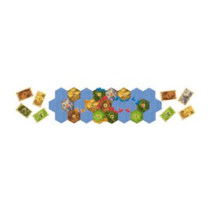 Overzicht van losse spelelementen uit de Catan Zeevaarders uitbreiding van 999 games