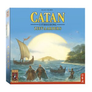 Voorkant van de Catan Zeevaarders uitbreiding met illustratie van zeelieden bij zonsondergang 999 Games Catan - De Zeevaarders