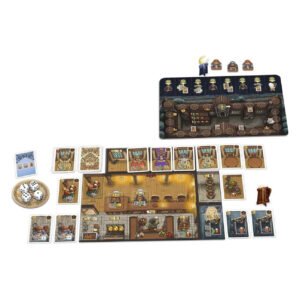 Overzicht van de spelonderdelen van De Tavernen van de Oude Stad, inclusief kaarten, dobbelstenen en speelborden van 999 Games