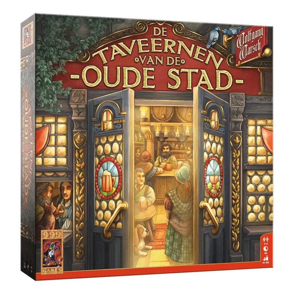 Voorkant van het bordspel De Tavernen van de Oude Stad van 999 Games met sfeervolle illustratie van een herberg 999 Games De Taveernen van de Oude Stad Bordspel