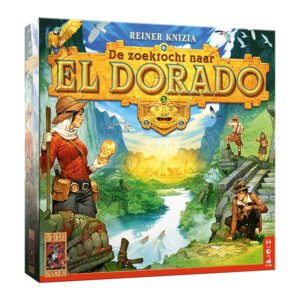 Voorkant van het bordspel De Zoektocht naar El Dorado van 999 Games met avontuurlijke jungle-illustraties 999 Games De Zoektocht naar El Dorado Bordspel
