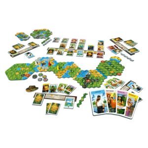 Overzicht van het bordspel De Zoektocht naar El Dorado met kaarten, tegels en pionnen volledig uitgelegd van 999 games