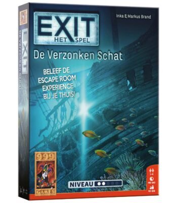 EXIT Het Spel De Verzonken Schat escape room bordspel van 999 Games met onderwater wrak en vissen op de doos 999 Games Exit - De Verzonken Schat