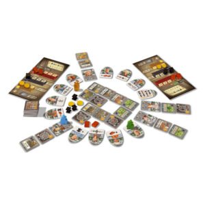 Overzicht van de spelonderdelen van het bordspel Glasgow van 999 Games