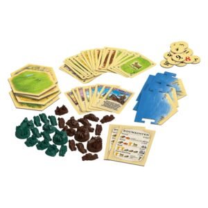 Inhoud van Catan uitbreiding 5-6 spelers met speelkaarten, tegels en speelstukken van 999 games