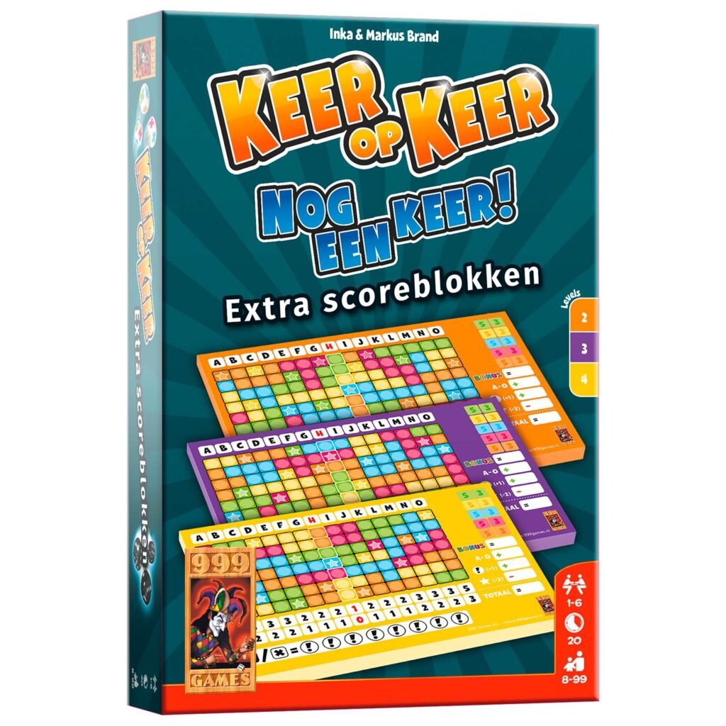 Verpakking van Keer op Keer Extra Scoreblokken uitbreiding van 999 Games met kleurrijke scorevellen 999 Games Keer op Keer Scoreblokken Extra Levels 2, 3 en 4