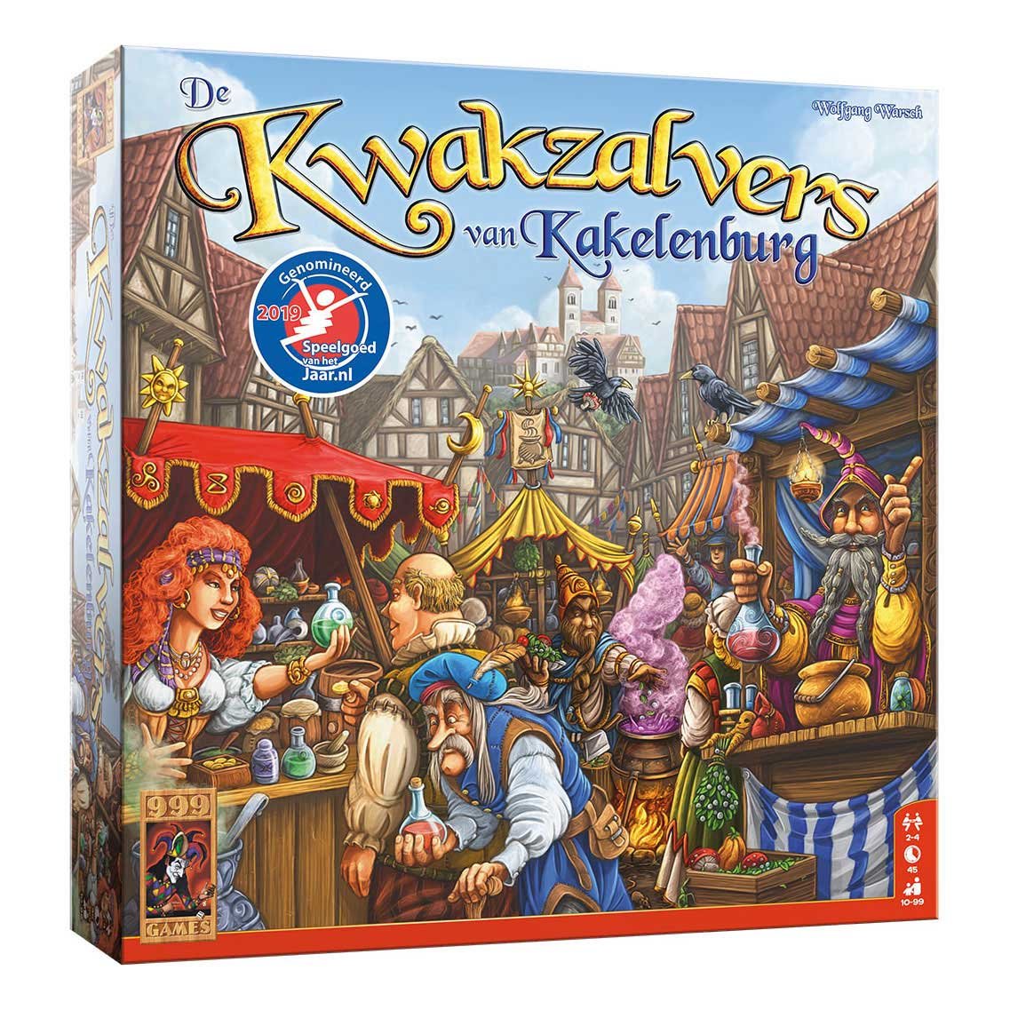 999-games-kwakzalvers-van-kakelenburg-bordspel-voorkant Voorkant van het bordspel De Kwakzalvers van Kakelenburg met kleurrijke marktscène 999 Games De Kwakzalvers van Kakelenburg Bordspel