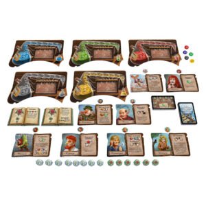 Spelmateriaal van De Kwakzalvers van Kakelenburg – De Alchemisten uitbreiding met borden, fiches en kaarten