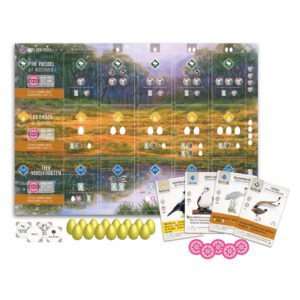 Spelmateriaal Wingspan Oceanië met spelersbord, vogelkaarten, gele eieren en roze fiches van 999 games