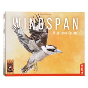 Wingspan Oceanië uitbreiding bordspel doos met vliegende kookaburra op oranje achtergrond 999 Games Wingspan uitbreiding: Oceanie Bordspel