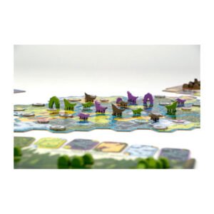 Overzicht van het speelveld met kleurrijke wolvenminiaturen in Wolven van 999 games