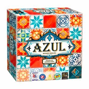 Azul bordspel doos met kleurrijk Portugees tegelontwerp en bekroonde stickers