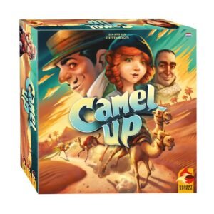 Camel Up bordspel doos met kleurrijke illustraties van personages en kamelen in de woestijn