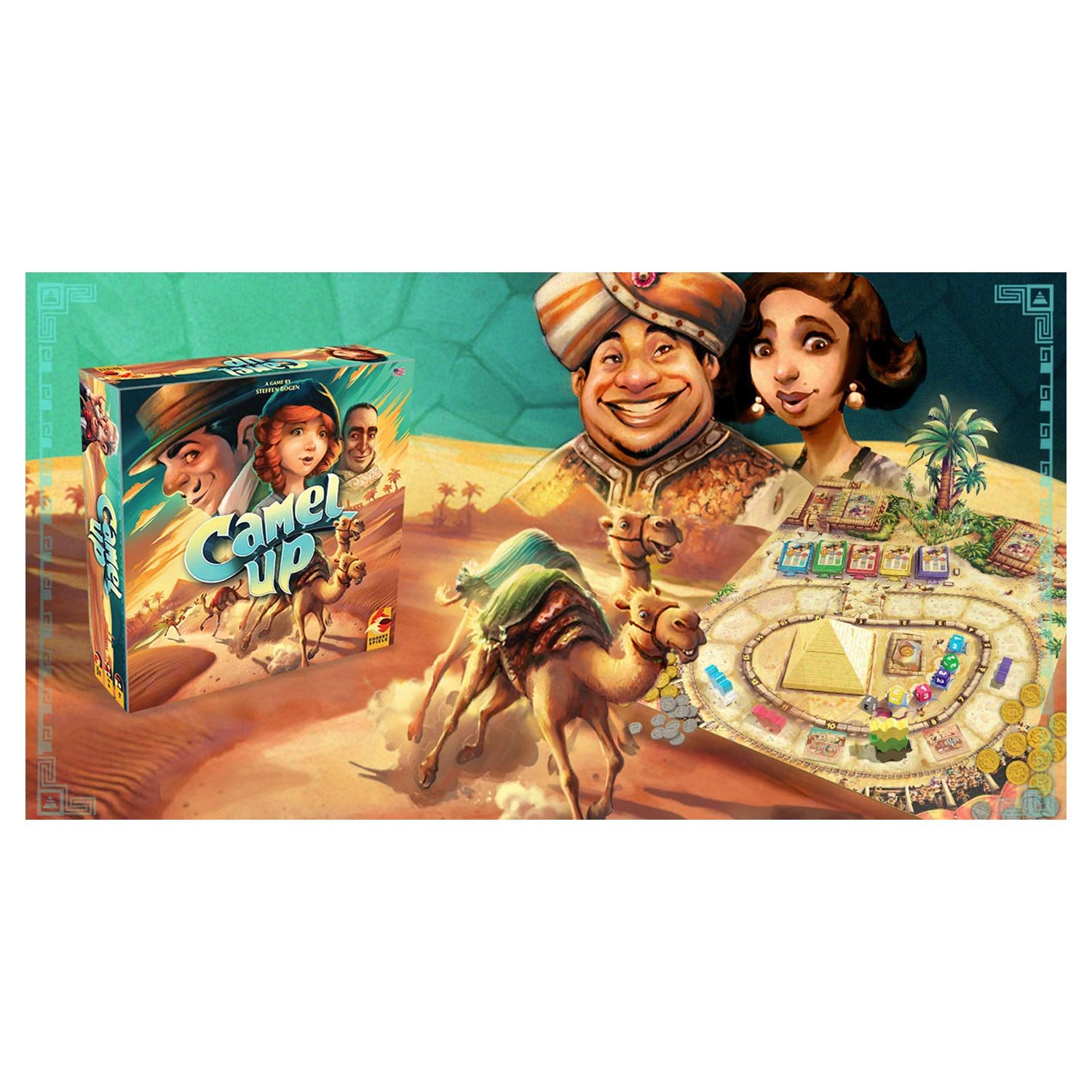 asmodee-camel-up-bordspel-sfeerimpressie Sfeervolle afbeelding van Camel Up bordspel met speelbord, kamelen en lachende personages
