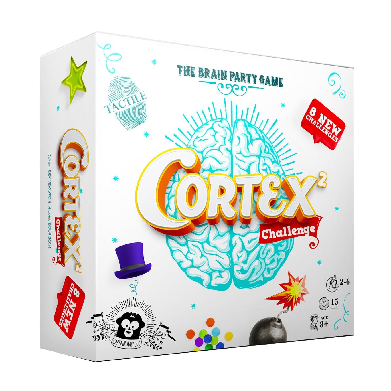 asmodee-cortex-challenge-2-bordspel-doos Cortex Challenge 2 bordspel doos met kleurrijke hersenillustratie en spelelementen op witte achtergrond