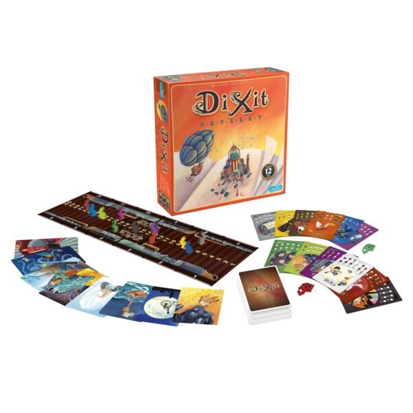 Dixit Odyssey bordspel met speelbord, kaarten en kleurrijke fiches uitgestald Dixit Odyssey Bordspel