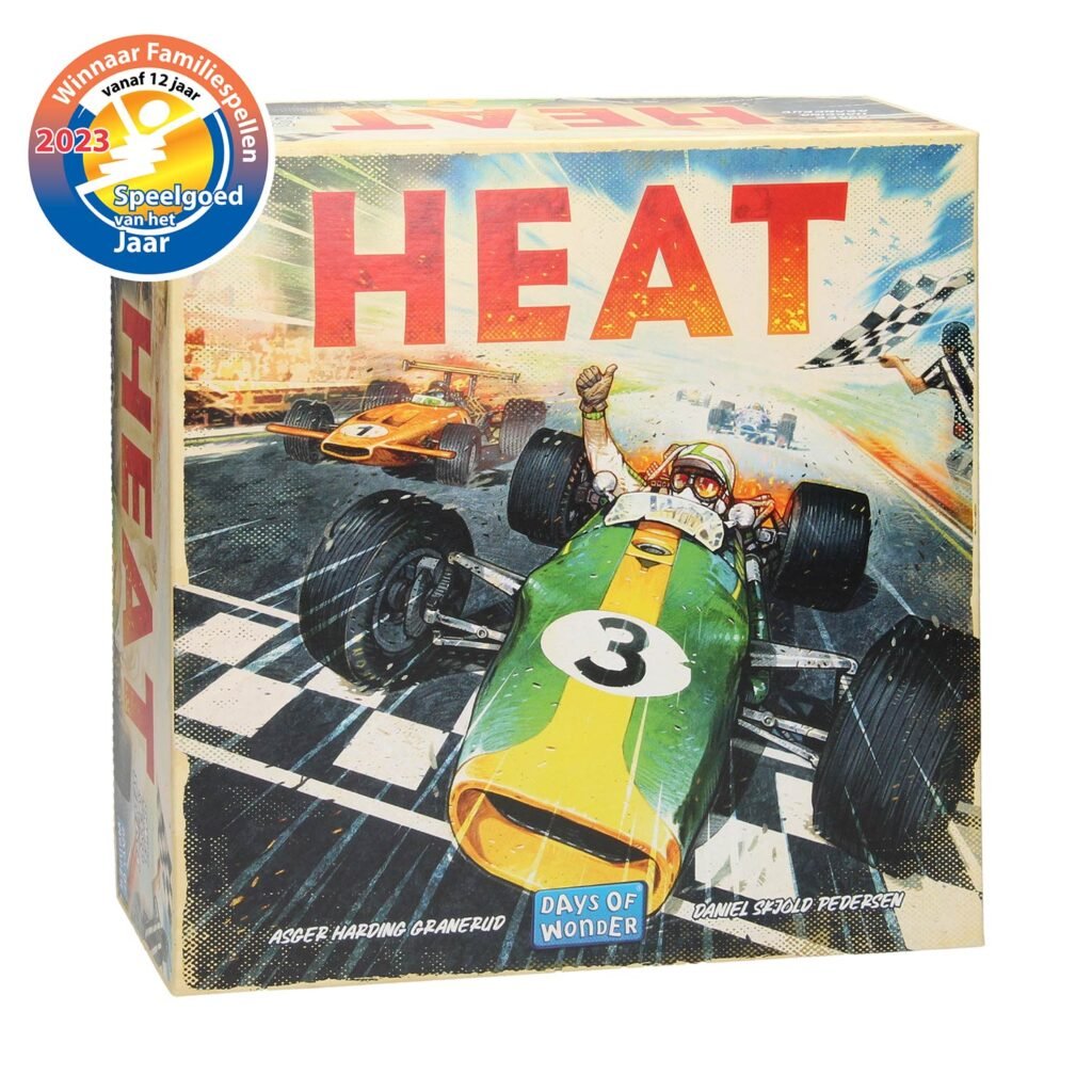 Voorkant van het bordspel HEAT met raceauto en Speelgoed van het Jaar 2023 award Heat Bordspel