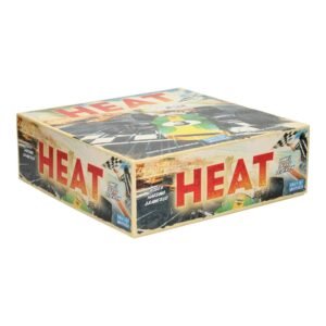 Zijkant en bovenkant van HEAT bordspel met retro raceauto ontwerp