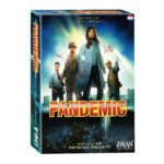 Doos van het coöperatieve bordspel Pandemic met heldhaftige personages op de cover Pandemic NL Bordspel