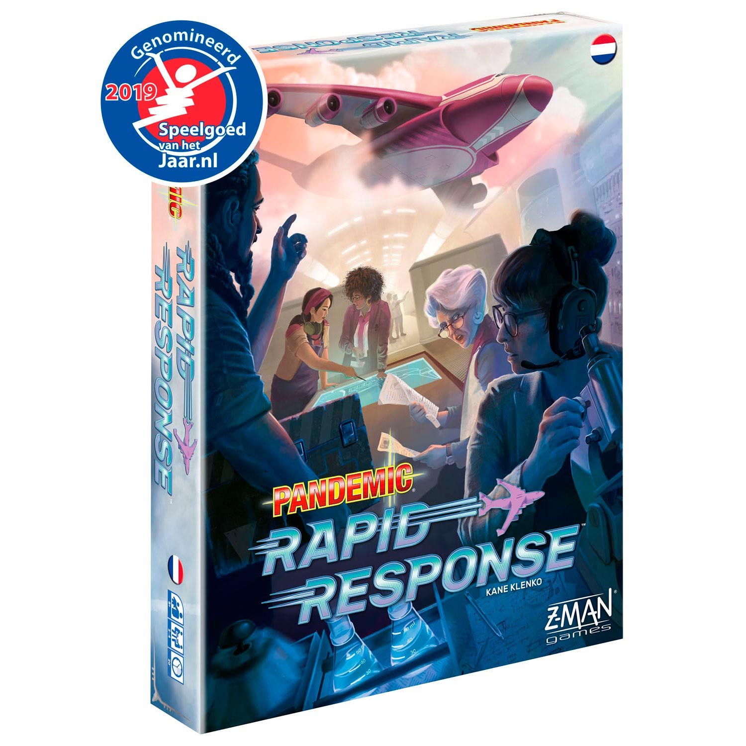 asmodee-pandemic-rapid-response-speldoos-speelgoed-van-het-jaar. Voorkant van het bordspel Pandemic Rapid Response met actievolle illustratie en Speelgoed van het Jaar 2019 nominatie. Pandemic Rapid Response NL Bordspel