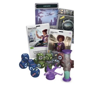 Dobbelsstenen, speelkaarten en vliegtuigminiatuur uit Pandemic Rapid Response bordspel.