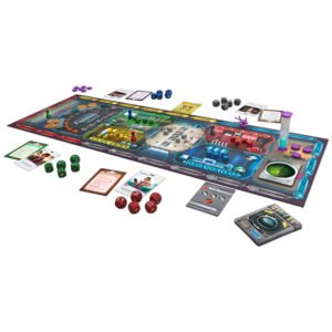 Pandemic Rapid Response volledig opgezet met kaarten, dobbelstenen en pionnen tijdens het spel.