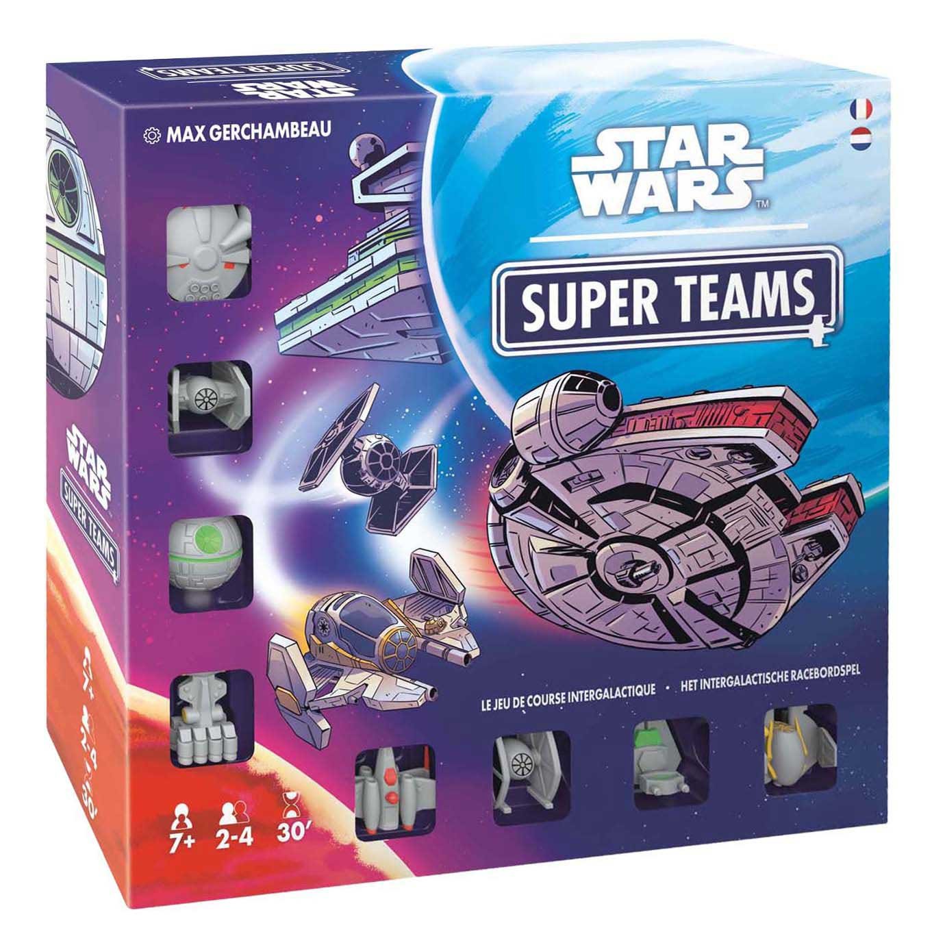 asmodee-star-wars-super-teams-bordspel-voorkant oorkant van het Star Wars Super Teams bordspel met ruimteschepen en speelstukken Star Wars Super Teams Bordspel