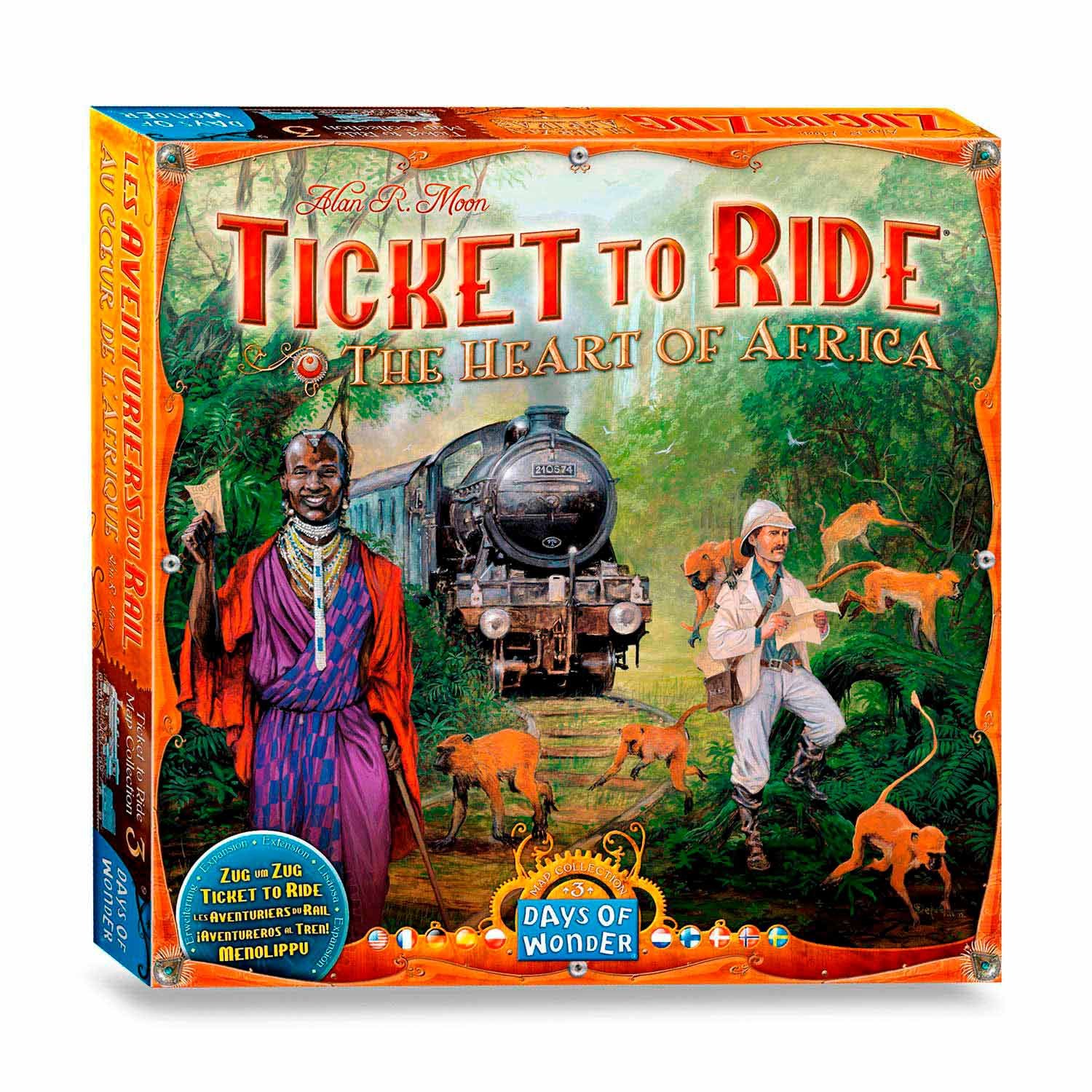 asmodee-ticket-to-ride-heart-of-africa-bordspel-doos Ticket to Ride: The Heart of Africa bordspel doos met kleurrijke Afrikaanse illustraties en stoomtrein Ticket to Ride Afrika Bordspel