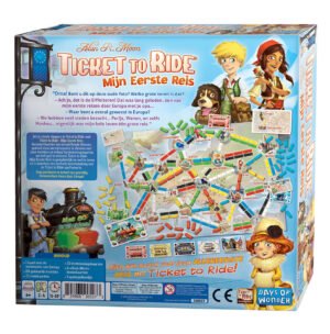 Achterkant van Ticket to Ride Mijn Eerste Reis speldoos met speluitleg en kaart van Europa