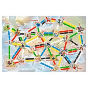 Spelbord van Ticket to Ride Mijn Eerste Reis met Europese steden en kleurrijke treinroutes