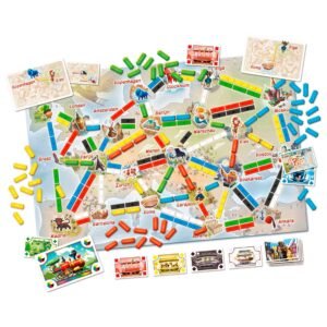 Ticket to Ride Mijn Eerste Reis volledig opgesteld spel met kaarten en treintjes Ticket to Ride Mijn Eerste Reis Bordspel