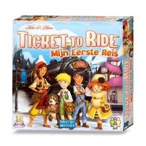 Ticket to Ride Mijn Eerste Reis speldoos voorkant met kleurrijke karakters en treinillustratie