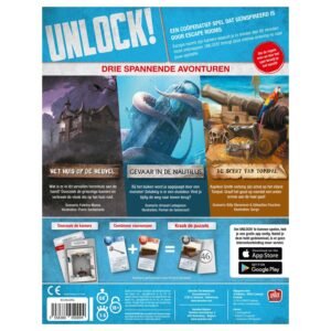 Achterkant van Unlock! Mysterieuze Avonturen speldoos met uitleg over de drie escape room scenario's.