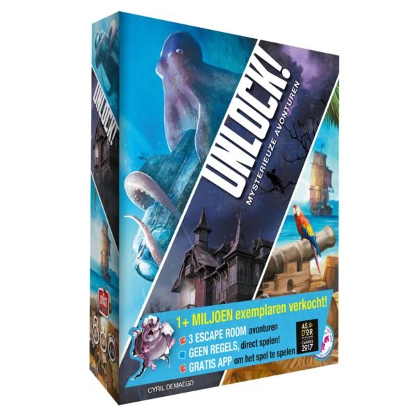 Voorkant van Unlock! Mysterieuze Avonturen escape room bordspel met illustraties van een octopus, spookhuis en piratenschat. Unlock! 2 Mysterieuze Avonturen