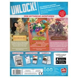 Achterkant van Unlock! Mythische Avonturen met uitleg over de drie escape room scenario's