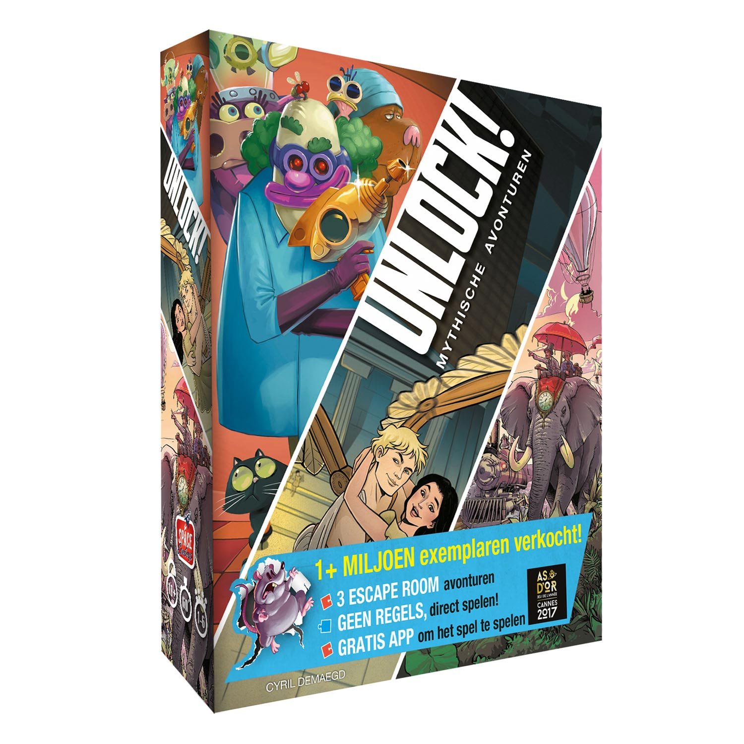 asmodee-unlock-mythische-avonturen-voorkant-escape-room-kaartspel Voorkant van het kaartspel Unlock! Mythische Avonturen met kleurrijke illustraties van escape room thema's Unlock! 8 Mythische avonturen