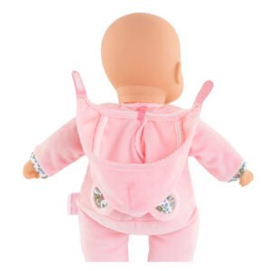 Achterkant babypop Corolle met roze berenpak en open muts