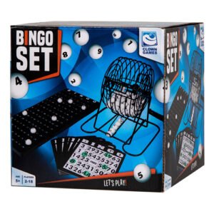 bingo spelset in doos met metalen molen en bingokaarten van Clown Games